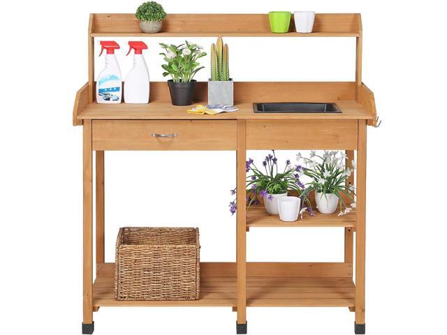 45.2x17.7x47.6'' (LxWxH) Potting Benches Outdoor Garden Potting Table Work Bench with Removable Sink Drawer Rack Shelves Work Station, Wood