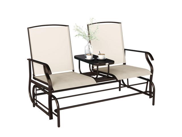 Outdoor Glider Bench with Center Table, Metal Frame Patio Loveseat with Breathable Mesh Fabric and Armrests for Backyard Garden Porch, Beige