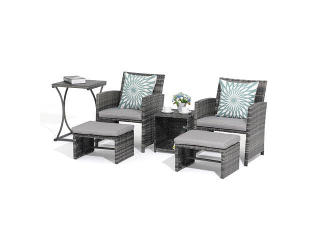 6 Piece Patio Furniture Conversation Set with Ottoman, Outdoor Grey Wicker Chair and Table Set, Balcony Furniture for Apartments, Light Grey