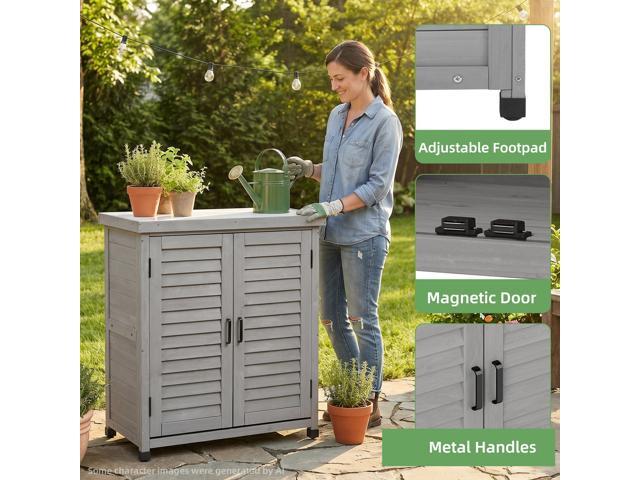 Potting Bench with Storage Cabinet and Metal Table Top for Outdoor Patio, Garden Furniture Wood Workstation (Grey, 31x17x36)