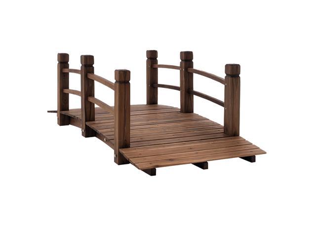 Fir Wood Garden Bridge Arc Walkway with Side Railings for Backyards, Gardens, and Streams, Stained Wood, 60' x 26.5' x 19'