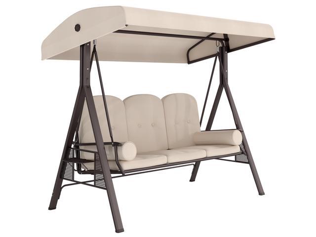 3-Seat Patio Swing Chair, Outdoor Porch Swing Glider with Adjustable Canopy, Removable Cushion, Pillows and Side Trays, for Garden, Poolside,...