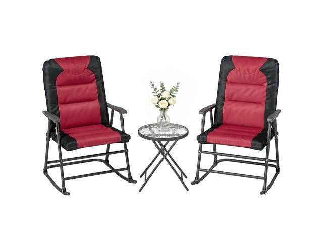 3 Piece Outdoor Patio Furniture Set with Glass Coffee Table & 2 Folding Padded Rocking Chairs, Bistro Style for Porch, Camping, Balcony, Red