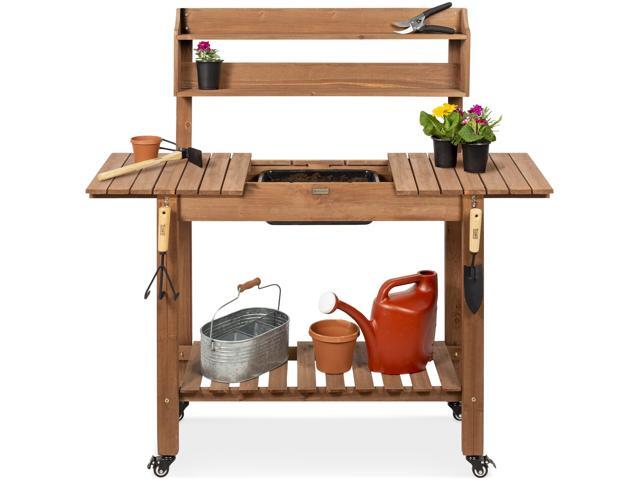 Mobile Garden Potting Bench, Outdoor Wood Workstation Table w/Sliding Tabletop, 4 Locking Wheels, Food Grade Dry Sink, Storage Shelves - Brown