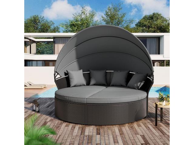 Outdoor Patio Canopy Bed Round Daybed with Washable Cushions, Clamshell Sectional Seating Wicker Furniture with Retractable Canopy Furniture for.
