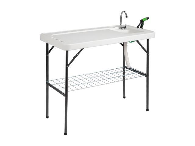 Upgarded Folding Fish Cleaning Table with Sink, Portable Camping Sink Table with Grid Rack & Sprayer, Fish Fillet Cutting Table with Drainage Hose...
