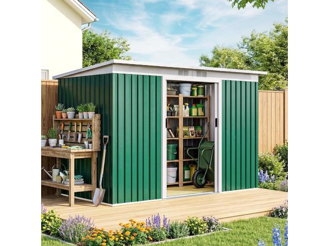 9' x 4' Outdoor Storage Shed, Metal Garden Tool House with Sloping Roof and Lockable Door for Backyard, Bike, Patio, Garage, Lawn, Green