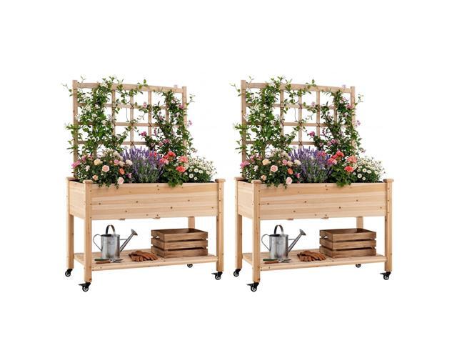 65'' Wooden Raised Garden Bed w/Trellis on Wheels Set 2, Mobile Elevated Planter Box w/Legs, Liner & Drainage Holes for Climbing Plant Vegetable.