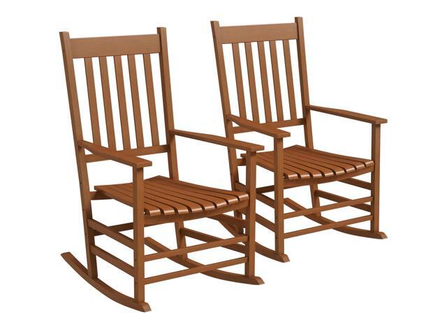 Outdoor Rocking Chair Set of 2, Patio Rocking Chair with Smooth Curves, High Density Wooden Rockers for Lawn Garden Porch, Supports Up to 350lbs, Teak