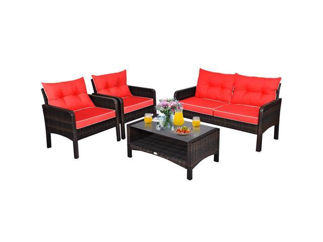 4 Piece Patio Furniture Set, Outdoor Wicker Conversation Set with Glass Top Coffee Table, All Weather Proof and Thick Cushions, Suitable for Porch,...