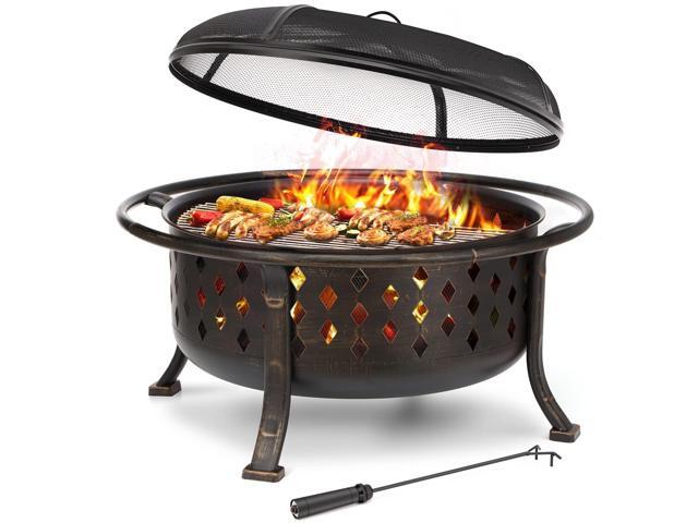 36 Inch Fire Pits for Outside Large Outdoor Wood Burning Crossweave firepit Heavy Duty Steel Bronze Bonfire Pit for Patio Backyard Garden with BBQ.