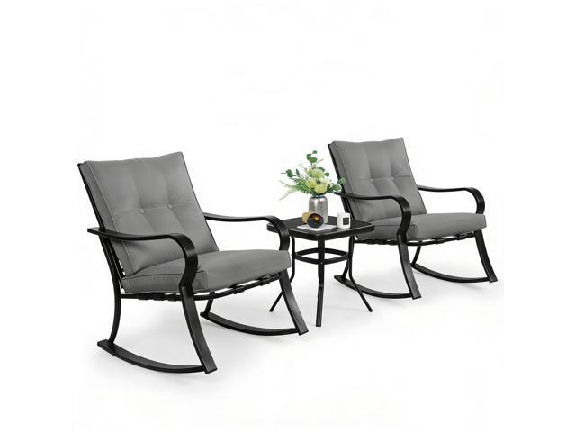 Outdoor 3-Piece Rocking Chairs Patio Bistro Set Black Steel Furniture with Thickened Cushion and Glass-Top Coffee Table, Grey