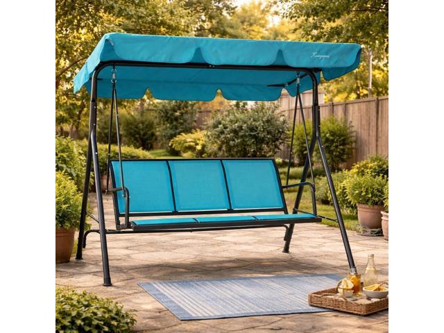 3-Person Outdoor Canopy Porch Swing Chair, Breathable Textilene Seat & Armrests, Adjustable Canopy Shade, Heavy-Duty Powder-Coated Steel Frame for.