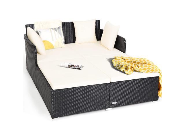 Outdoor Rattan Daybed, Patio Sunbed Sofa Set with Cushion & Pillows, Sturdy Aluminum Foot, Wicker Patio Furniture Double Bed Lounger for Garden...