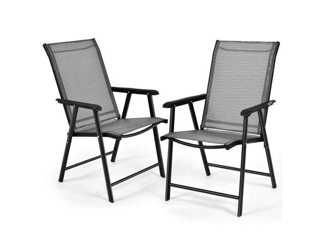 Patio Chairs Set of 2, Outdoor Foldable Sling Chairs with Armrests, Folding Outdoor Chairs for Lawn Garden Backyard Poolside Porch (Gray)