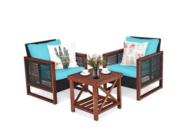 3 Pieces Patio Wicker Furniture Set, Rattan Outdoor Sofa Set w/Washable Cushion & Acacia Wood Coffee Table, Conversation Bistro Set for Garden...