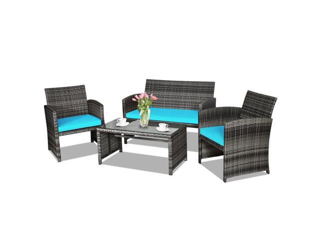 4-Piece Rattan Patio Furniture Set, Outdoor Wicker Conversation Sofa with Weather Resistant Cushions and Tempered Glass Tabletop for Lawn Backyard...
