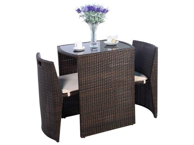 3 PCS Cushioned Outdoor Wicker Patio Set Convention Bistro Set Garden Lawn Space Saving Conversation Sofa Furniture No Assembly (Brown)
