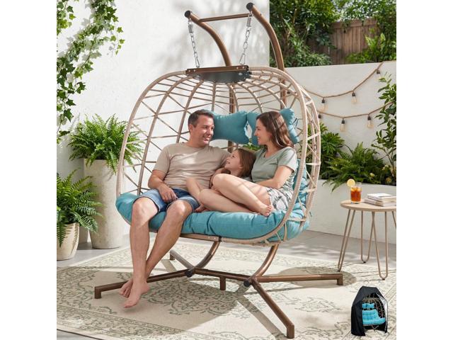 Double Egg Chair Outdoor Indoor, Oversized Swing with Stand for 2, All-Weather Rattan Hanging Loveseat Comfy, Patio Swing Seat with Cushion & Cover...