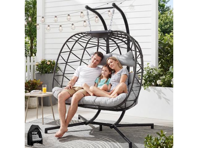 Double Egg Chair Outdoor Indoor, Oversized Swing with Stand for 2, All-Weather Rattan Hanging Loveseat Cozy, Patio Swinging Seat with Cushion &...