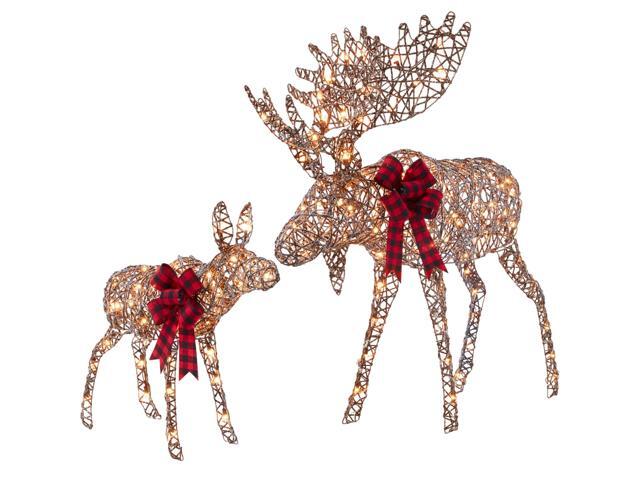 2-Piece Moose Family, Lighted Outdoor All-Weather Christmas Yard Decoration Light-Up Décor Set w/ 170 LED Lights, Ground Stakes, Zip Ties - Rattan