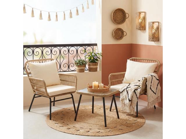 3 Pieces Boho Small Outdoor Patio Chair Set with Thick Cushion and Glass Table, Rattan Wicker Chair, Bistro Set for Garden Balcony Deck Porch.