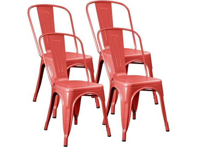 Metal Dining Chair Stackable Indoor Outdoor Industrial Vintage Chairs Bistro Kitchen Cafe Side Chairs with Back Set of 4 (Red)