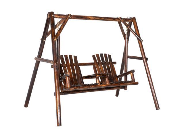 Wooden Porch Swing with Stand, 2-Seat Patio Swing Chair with Center Table, for Garden, Poolside, Backyard