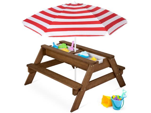 Kids Picnic Table with Umbrella, 3-in-1 Sand & Water Table, Outdoor Convertible Picnic Table for Toddlers, Seats 4, Removable Top, 2 Buckets -...
