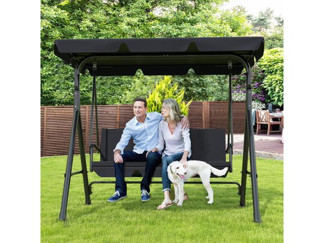 3-Seat Patio Swing Chair,Outdoor Porch Swing with Adjustable Canopy and Durable Steel Frame for Patio, Garden, Poolside (Black)
