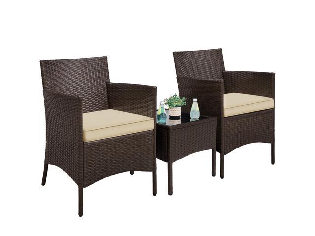 3 Pieces Patio Porch Furniture Set, Outdoor PE Rattan Wicker Conversation Set with Soft Cushions, Glass Coffee Table & 2 Chairs for...