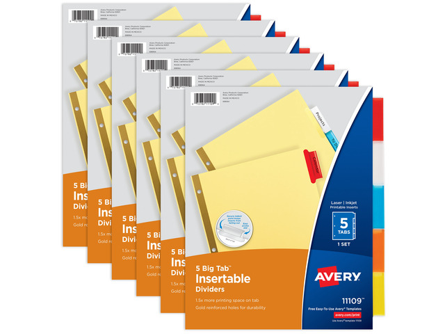Avery Paper Dividers, Insertable Big Tab, 5-Tab, Multicolor, 6 Sets
