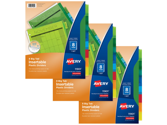 Avery Plastic Dividers, Insertable Big Tab, 8-Tab, Multicolor, 3 Set