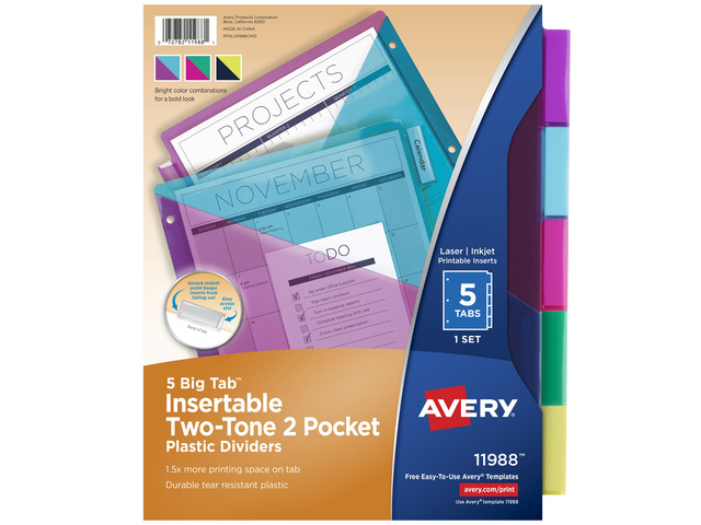 Avery Plastic Dividers, Insertable Big Tab, 5-Tab, Multicolor, 1 Set