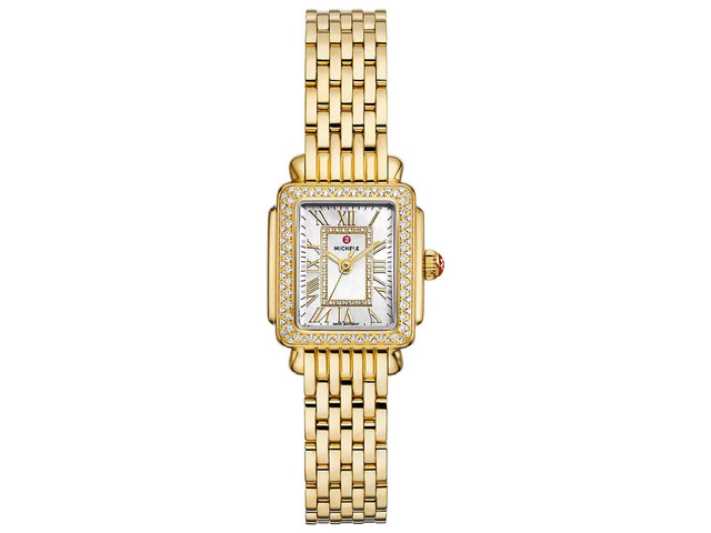 Michele Deco Madison Mini 18K Gold-Plated Steel Diamonds Mother-of-Pearl Dial Rectangle Womens Watch MWW06D000173