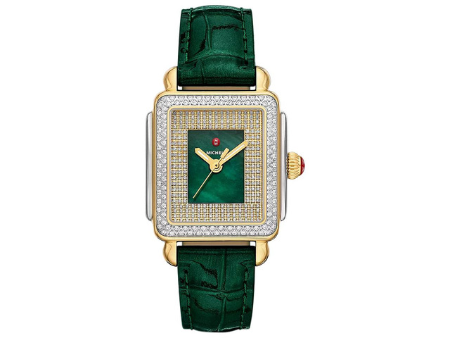 Michele Special Edition Deco Madison Mid Green Mother-of-Pearl Dial Diamonds Two-Tone Steel Green Leather Strap Women's Watch MWW06G000048