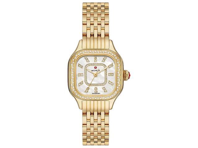Michele Meggie 18K Gold-Plated Stainless Steel Square Mother-of-Pearl Dial Diamonds Womens Watch MWW33B000003