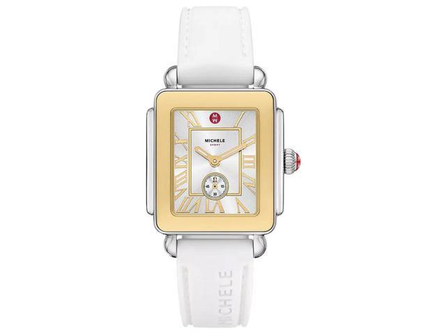 Michele Deco Sport Mid Two-Tone Stainless Steel Silver Dial White Silicone Strap Rectangle Womens Watch MWW06H000007 Michele Deco Sport Mid Two-Tone Stainless Steel Silver Dial White Silicone Strap Rectangle Womens Watch MWW06H000007