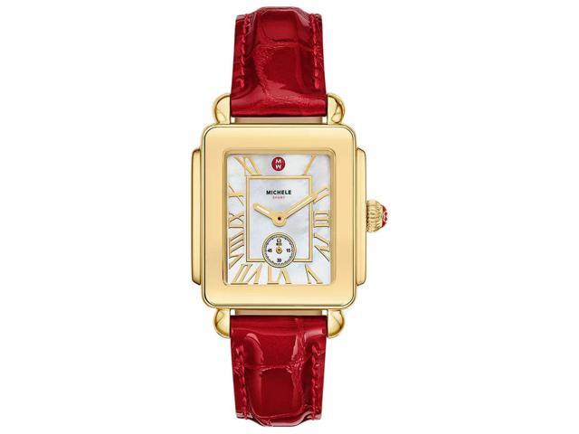 Michele Deco Sport Mid Gold-Plated Stainless Steel Mother-of-Pearl Dial Ruby Red Leather Strap Womens Watch MWW06H000005