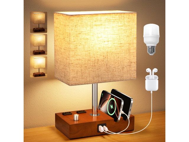 Brown Wood Grain Bedside Lamp - Stepless Dimmable, USB C+A, 2 AC Outlets Dimming By Rotary Knob, USB C+A Ports, 2 Phone Stands, LED Bulbs Included,...