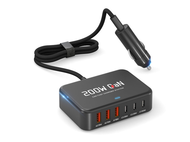 Dzytnsy 200W Car Fast Charging Station,6 Ports, Compatible with MacBook pro/Air/M5 M4 M3 M2 M1/Dell/Lenovo/HP,for iPhone18/17/16/15 Series,Samsung...