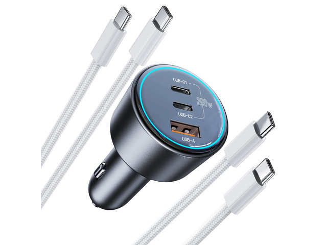 200W Super Fast Car Charger, Adapter with 2×100W USB C to C Cables, USB C Car Charger PD3.0/QC4.0, 12V-24V Vehicle Compatible, LED Light &...
