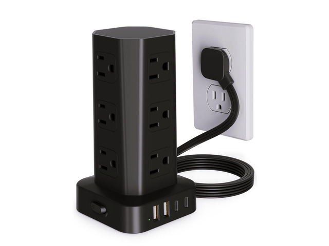 Power Strip Tower Surge Protector, 6FT Flat Plug Extension Cord with Multiple Outlets, 12 AC Outlets 4 USB (2 USB C), Desktop Charging Station with...