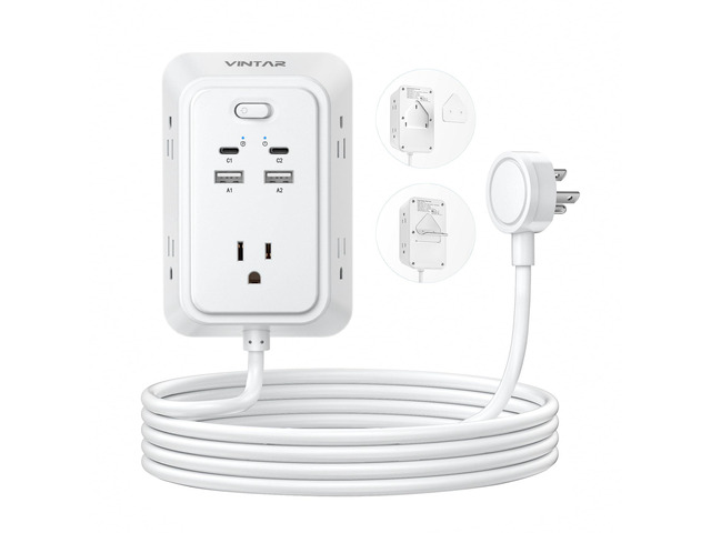 6ft Flat Plug Extension Cord, Multi Outlet Extender with 2 USB C 9 in 1 with 5 Outlets 4 USB, 3-Sided Wall Mount Charger, 1800J Surge Protector,...