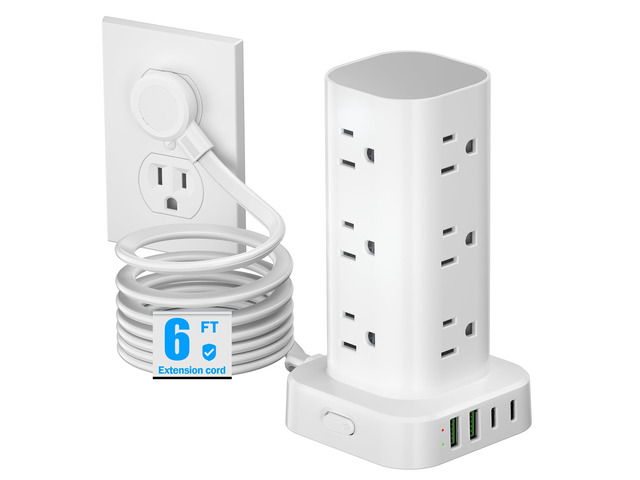 Tower Power Strips with Surge Protection, 6FT Flat Extension Cord with Multiple Outlets, 12 AC 4 USB Ports, Overload Protection Charging Station...