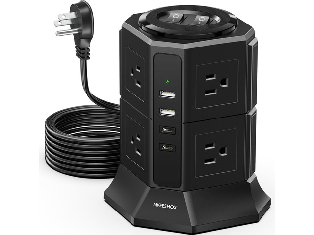 Surge Protector Power Strip Tower, Flat Plug Power Strip with 8 AC Outlets 4 USB Ports(20W PD Type C), 6.5 FT Ultra Flat Extension Cord, Charging...