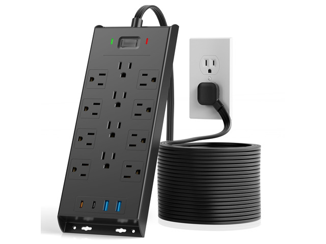 Surge Protector Power Strip 4800J, 15Ft Long Extension Cord Flat Plug, 12 Outlets 2 USB C 2 USB Ports, Wall Mountable, Desk Charging Station, Black
