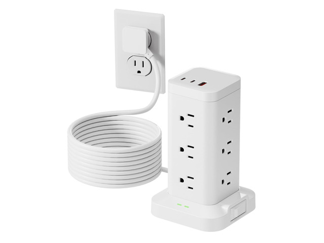 Power Strip Tower with Surge Protector 1800J, Fast Charging Tower PD20W USB-C Ports with 12 AC Outlets, Extension Cord for Home Office Dorm Room,...