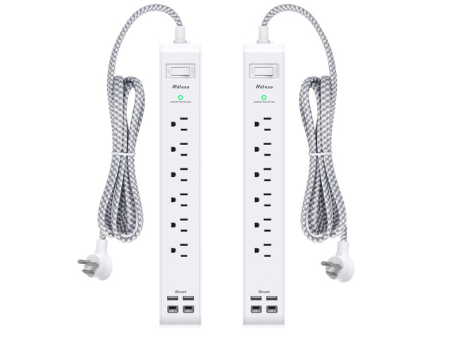 2 Pack Power Strip, 5FT Flat Plug Extension Cord, Surge Protector 6 AC and 4 USB (2 USB C), Overload Protection, 1080J, Wall Mount Charging Station...