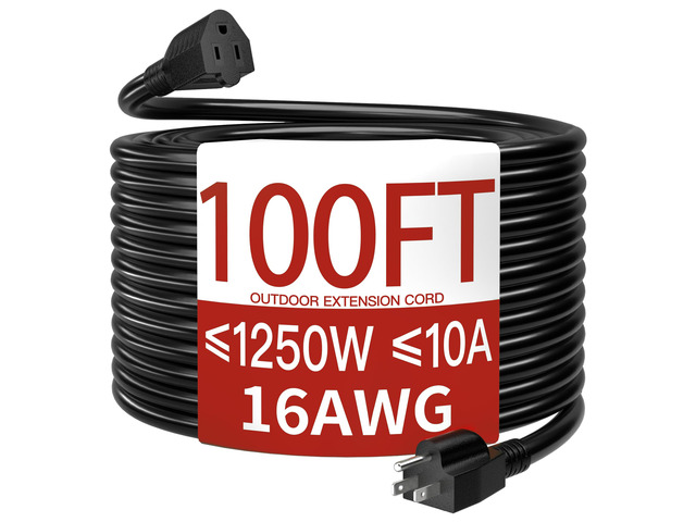16/3 10A 125V 1250W 100 Ft Outdoor Extension Cord Waterproof, Weatherproof & Flame Retardant Black 3 Prong Power Cord Outside for Lawn & Garden,...
